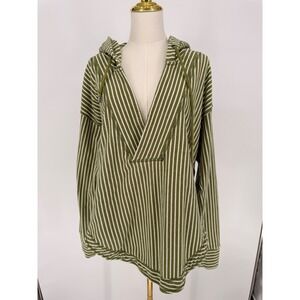 PILCRO Striped V Neck Hoodie Pullover Olive Green White Casual Women's Size L